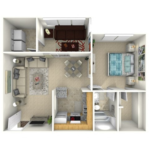 a 3d rendering of a bedroom with a bathroom and a living room